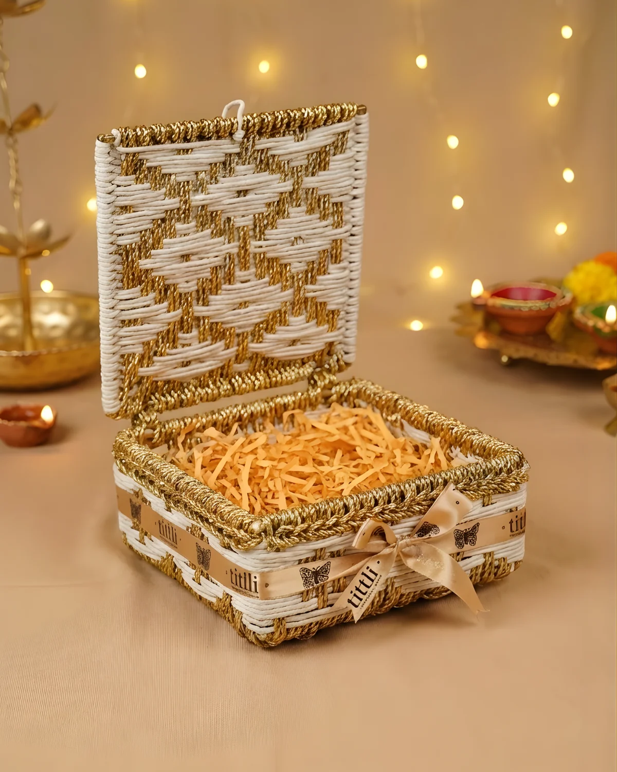 Golden Handwoven Square Basket