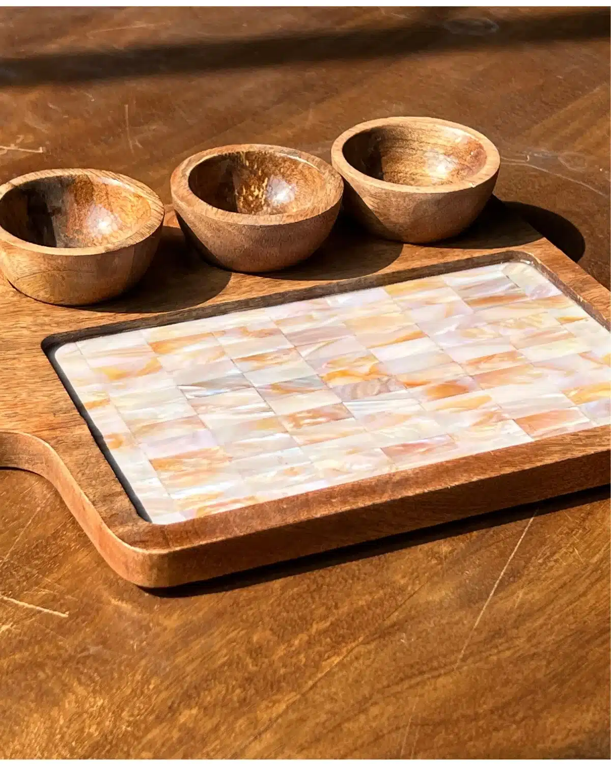 Handcrafted Wooden Snack Tray with Ceramic Floral Inlay & 3 Wooden Bowls