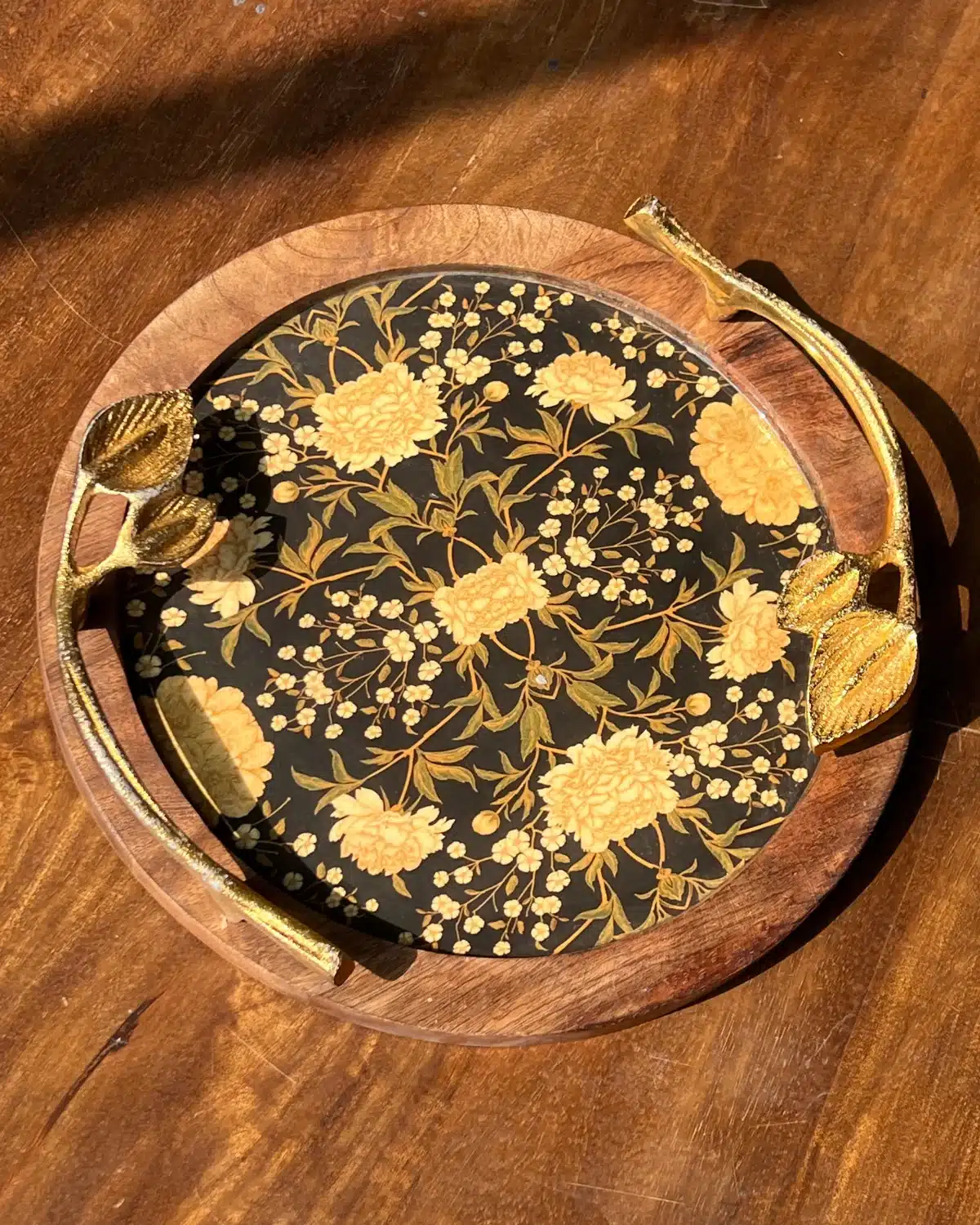 Round Wooden Tray with Golden Leaf Handles