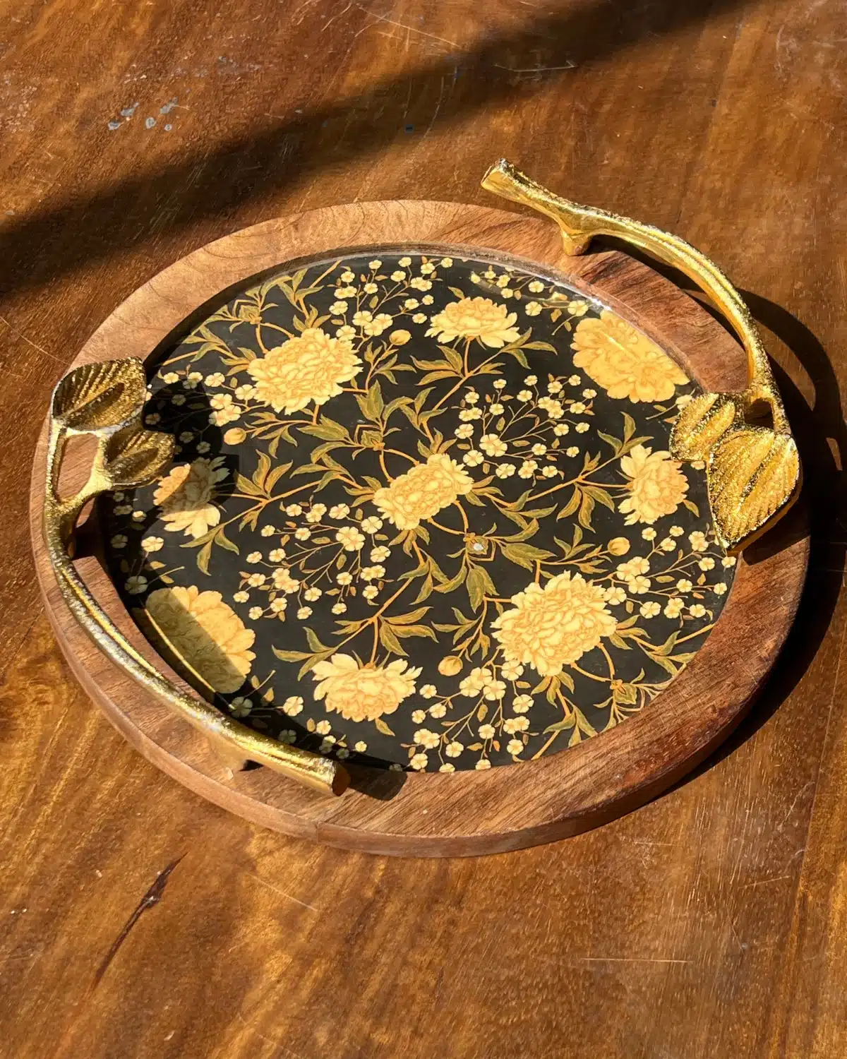 Round Wooden Tray with Golden Leaf Handles