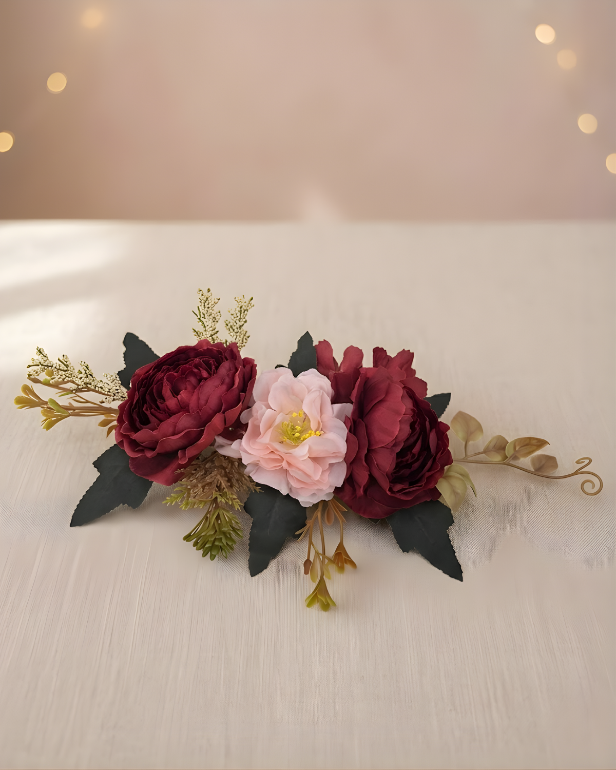 Titlli Premium Artificial Peony Flower Arrangement – Burgundy & Blush Pink with Golden Foliage
